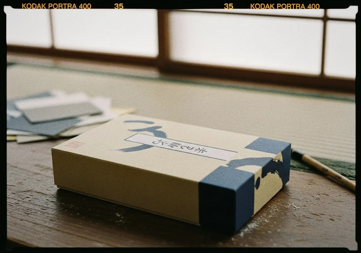 日系手工工藝品牌彩盒，cream 紙配靛藍水墨筆觸紋於榻榻米背景 — 台中日德彩色印刷案例
